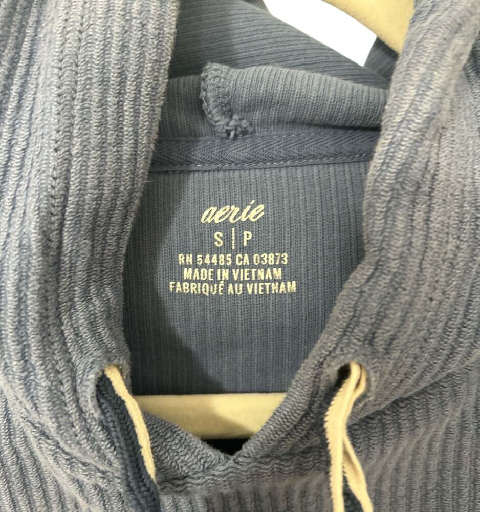 AERIE Hoodie Womens Small Cropped Pullover Ribbed Blue Sweatshirt - Picture 3 of 4